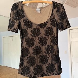 H&M Black Lace Short-Sleeve Scoop Neck Top